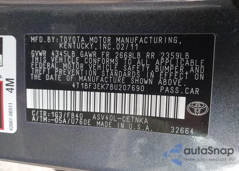 2011 Toyota Camry Le from USA, damaged, VIN 4T1BF3EK7BU207690